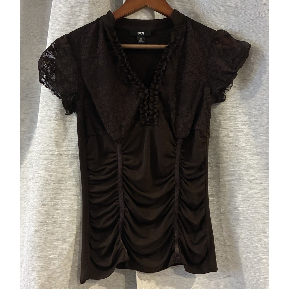 BCX Vintage Y2K Brown Babydoll Lace Top Womens M Romantic Grunge Ruched